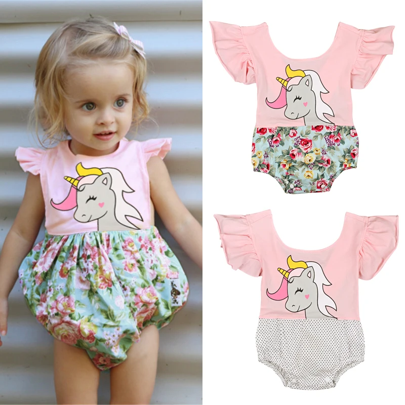 

Infant Baby Newborn Girls Backless Unicorn Short Ruffles Sleeve Pink Romper Body suit Jumpsuit Outfits Sunsuit Set 6-24M New