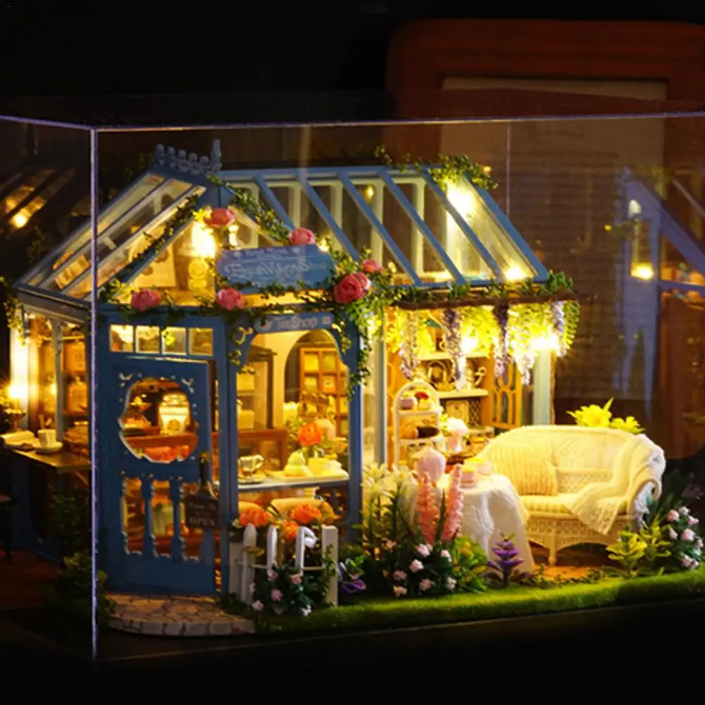 DIY деревянный дом с огнями строительные блоки игрушка ручной работы розовый сад домик Чайный домик архитектурная модель развивающие игрушки