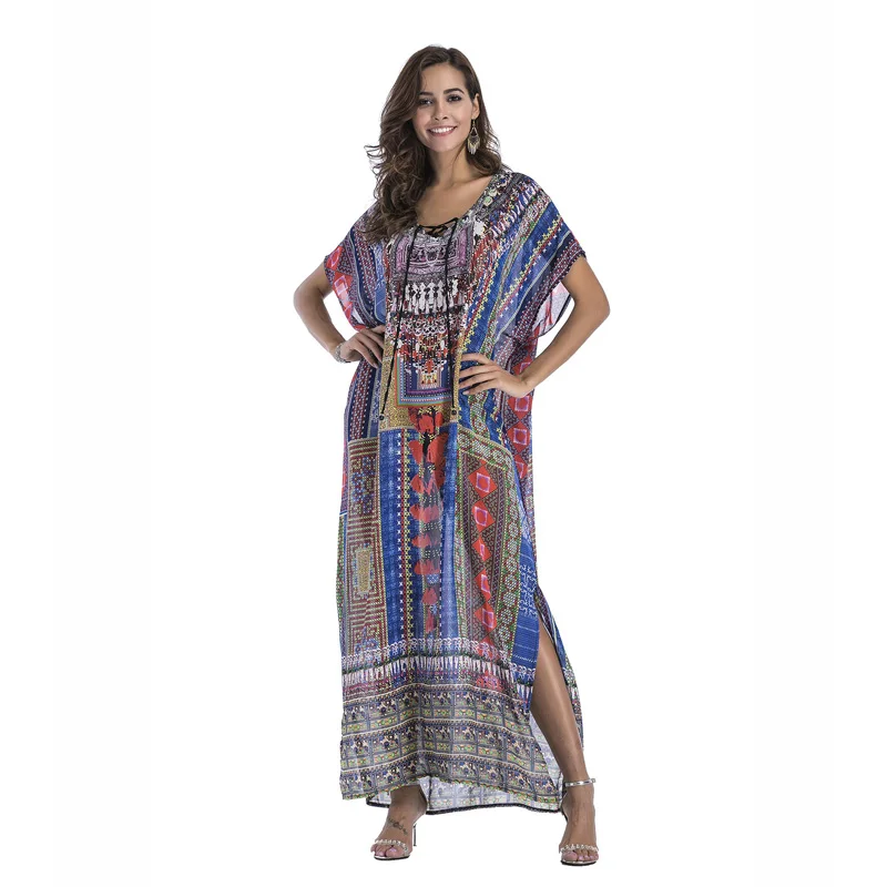 Модное шифоновое длинное богемное Платье с принтом размера плюс, одежда в стиле бохо, летний сарафан, пляжные сарафаны, женские халаты большого размера - Цвет: 7