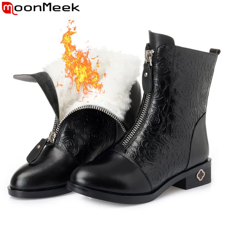 MoonMeek fashion winter ankle boots women round toe zip genuine leather boots square heel keep warm wool snow boots women цена MoonMeek fashion winter ankle boots women round toe zip genuine leather boots square heel keep warm wool snow boots women цены онлайн