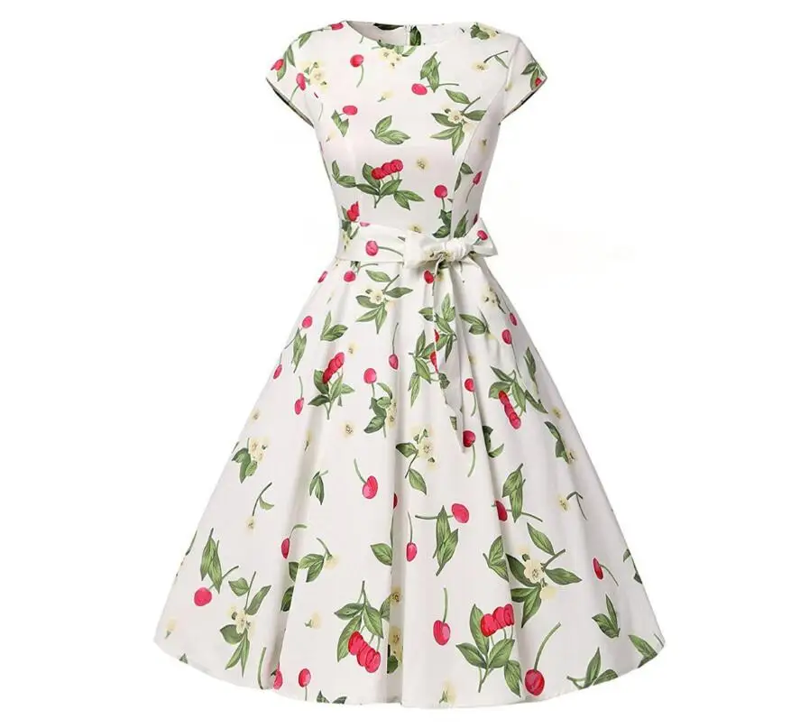 

2018 summer vintage Hepburn dress women's round neck Slim print fashion retro Goth party dress