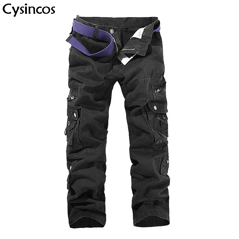 

Cysincos 2019 Autumn New Men Cotton Cargo Pants Solid Color Plus Size Multi Pocket Overalls Trousers Hommes Salopette Male