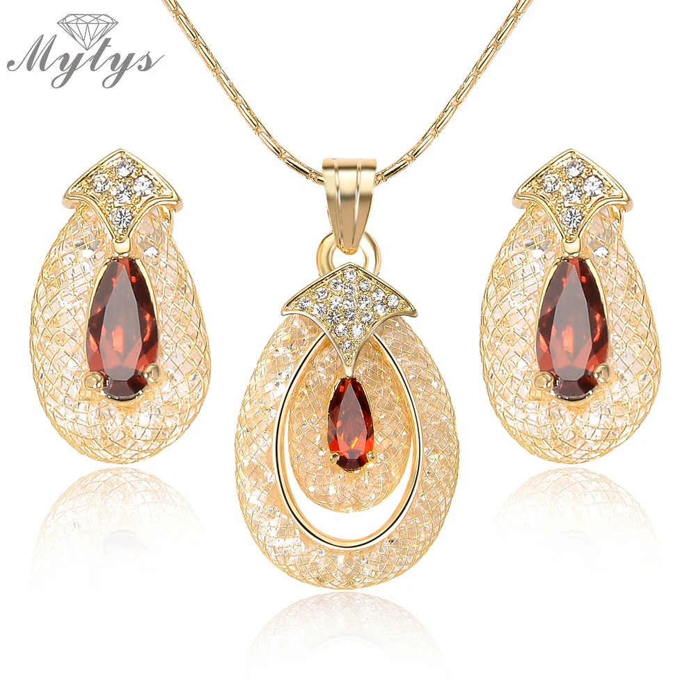 

Mytys High Level Red Crystal Pendant Necklace Earring sets Wire Mesh Net Filled with Crystal Sparkling Jewelry Sets CN296