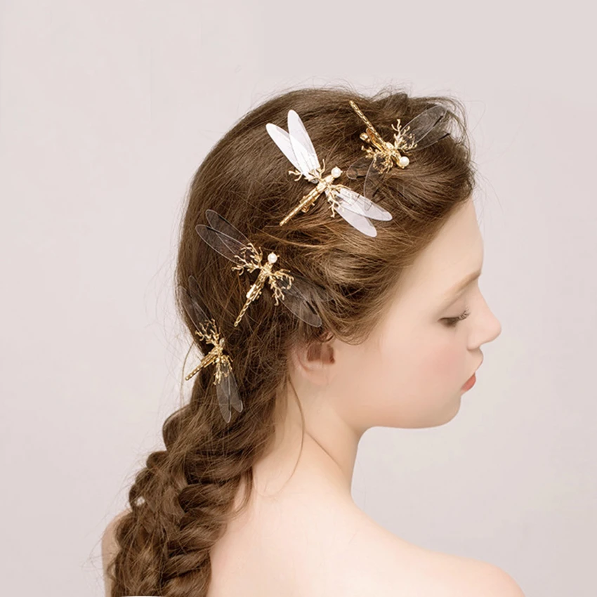 

transparent bridal hairpin wedding hair pins gold girls bride dragonfly hair clips pearl headdress butterfly hair accessories
