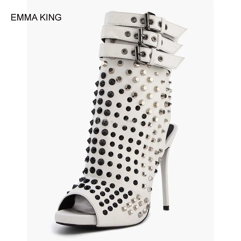 

EMMA KING Rivet Boots Women Thin High Heels Peep Toe Side Zipper Ankle Booties Mujer Fashion Autumn Shoes Metal Buckle Botas