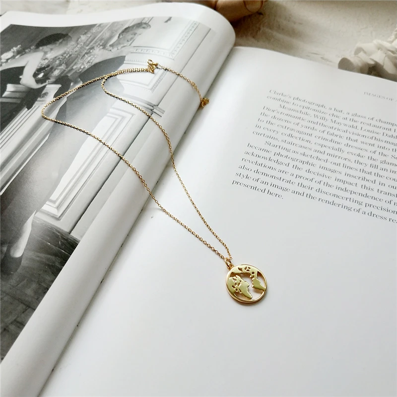 ROMAD 925 Серебряная подвеска ожерелье мир кулон карта ожерелья золотистого цвета простое звено чокер для женщин Девушка подарок 10