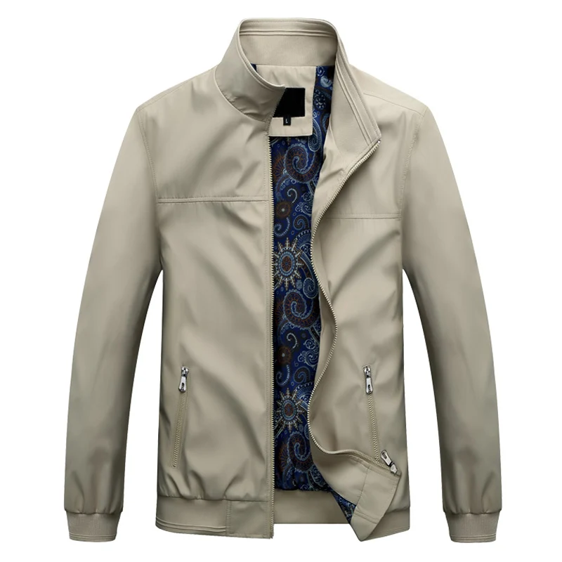 MANTLCONX осенние мужские повседневные куртки, пальто одноцветная мужская верхняя одежда на молнии мужская брендовая одежда воротник стоечка мужская куртка-бомбер - Цвет: Light Khaki