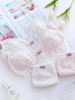 

Cute Stars Princess Women's Japanese Bra & Panties Set Milk Silk Wirefree Soft Underwear Sleep Intimates Set Lolita