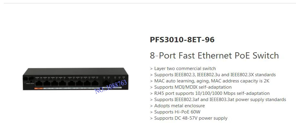 

In Stock dahua Free Shipping 8-Port Fast Ethernet PoE Switch Supports Hi-PoE DC 48-57V power With Logo DH-PFS3010-8ET-96