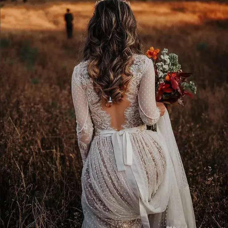 Винтажное богемное кружевное свадебное платье robe de mariee с длинным рукавом Boho Vestido De Noiva с открытой спиной в горошек, кружевные пляжные свадебные платья