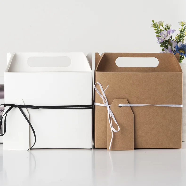 20 шт., европейская Подарочная коробка из крафт-бумаги, упаковочная коробка для свадебного конфетного торта, портативный чехол, большой размер, 14,5x6,5x16 см, с карточкой и лентой