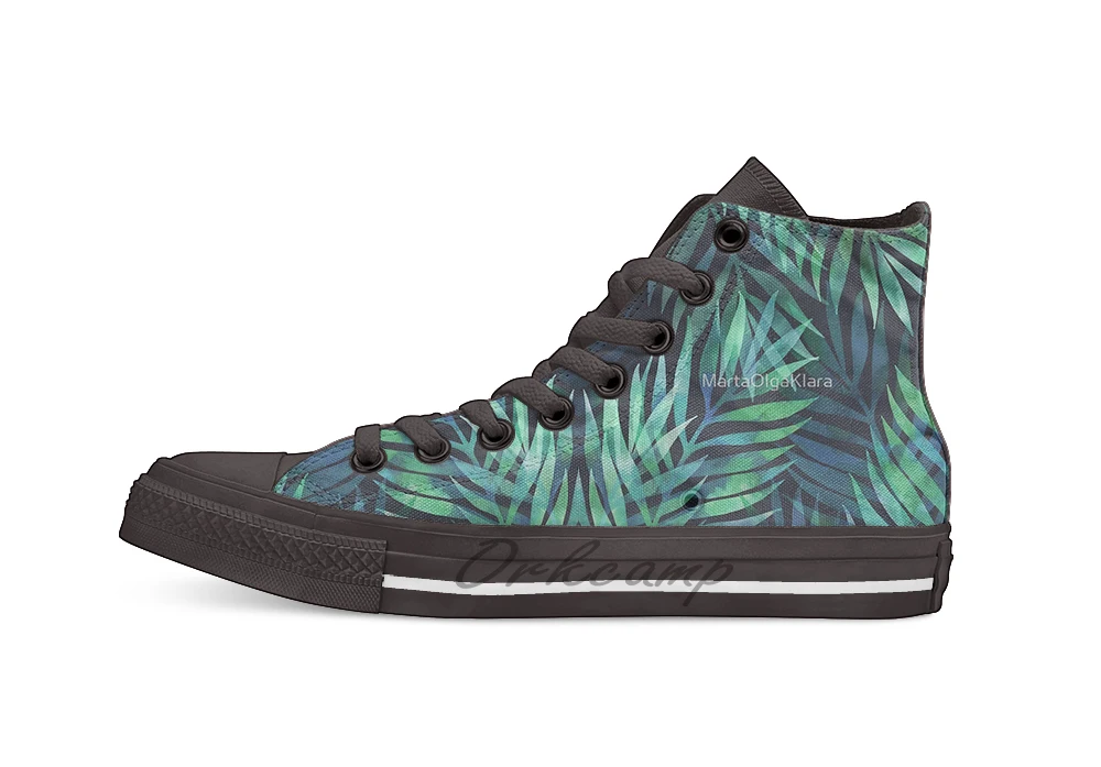 

Dark green palms leaves pattern Unisex High Top Canvas flat Casual Custom shoes Drop Shipping