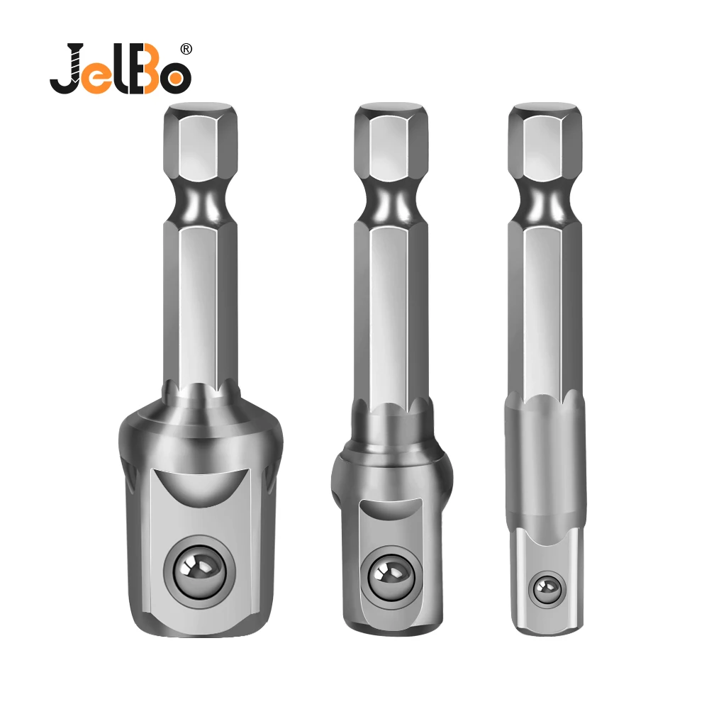 

JelBo 3Pcs Chrome Vanadium Steel Socket Hex Bit Set Power Tools Adapter Hex Shank to 1/4" 3/8" 1/2" Extension Drill Bits Bar