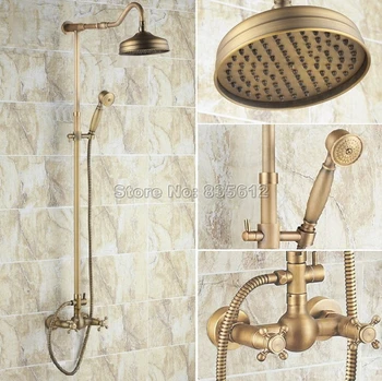 

Antique Brass 8" Shower Head Wall Mounted Rain Shower Faucet Set W/Bathroom Dual Cross Handles Mixer Tap +Handheld Shower Wrs137