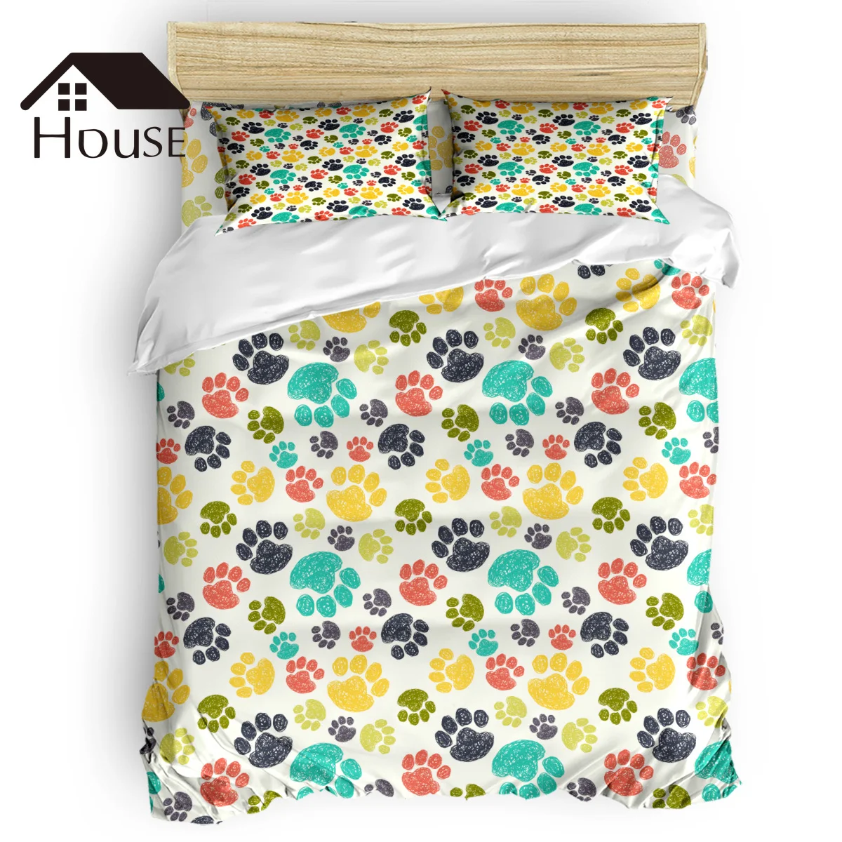 

BIGHOUSES Duvet Cover Set Colour Dog Paw Print Duvet Cover 4 Piece Bedding Set