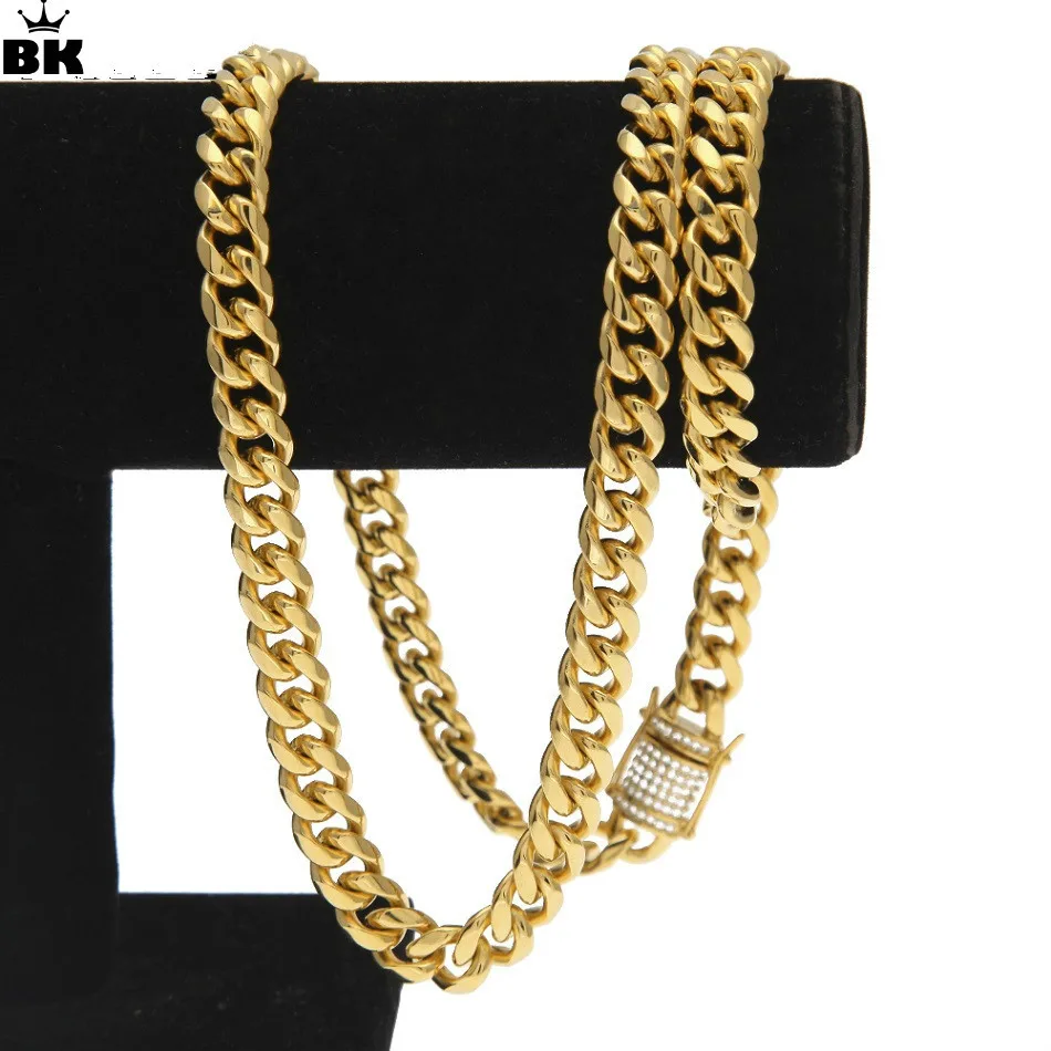 

10mm Gold Filled Curb Cuban Chain Men Hip Hop Stainless Steel Iced Out Rhinestone Link Miami Chain 75cm Long Chain Drop Shipping