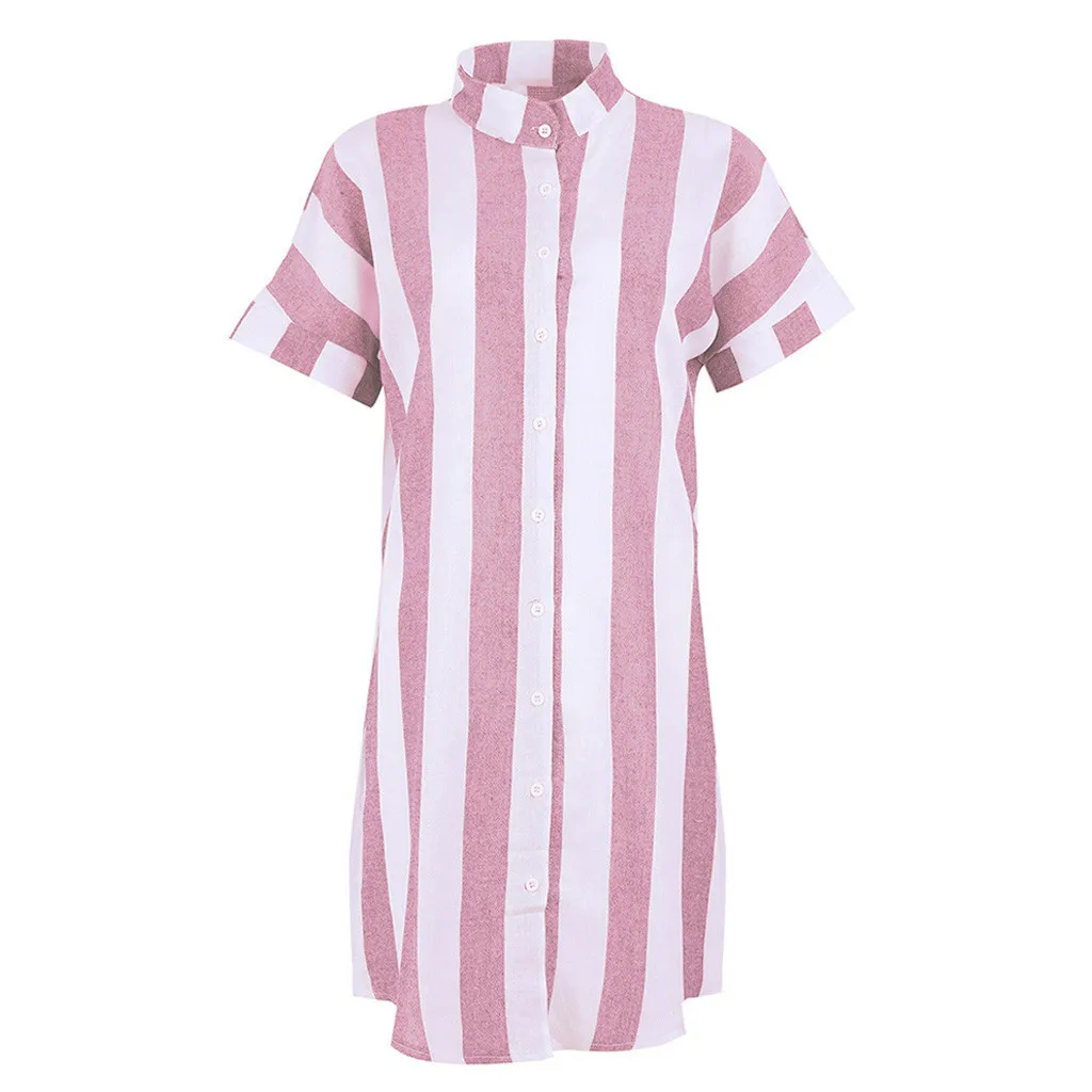 Pink Feitong/ Для женщин модный короткий рукав в полоску, кажущееся состоящим из женская обувь с ремешком на пряжке повседневное, вечернее платье свободного кроя, летние платья, Новинка - Цвет: Pink