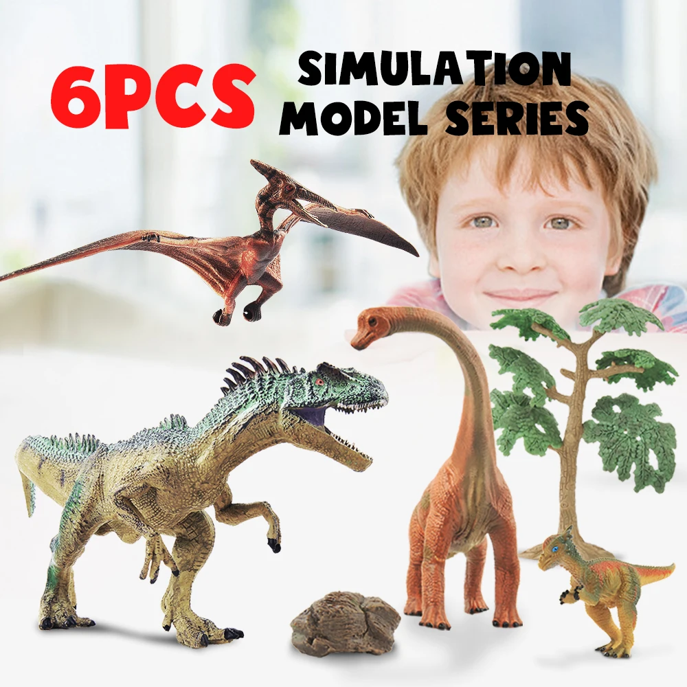 

6pcs Park Dinosaur Model Toys For Kids PVC Simulation Animals Tree Sets For Child Dragon Action Play Figure Toys For Baby Boys