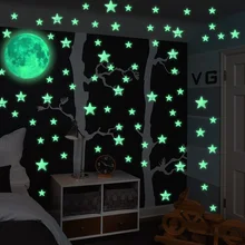 107 шт 3D звезды и лунный блеск в темноте светящиеся флуоресцентные Пластиковые наклейки на стену декоративные наклейки для дома обои Прямая