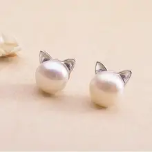 Милые 925 пробы серебряные серьги с искусственным жемчугом, серьги-гвоздики с мультяшным котом для женщин, ювелирные изделия Joyas De S-E120