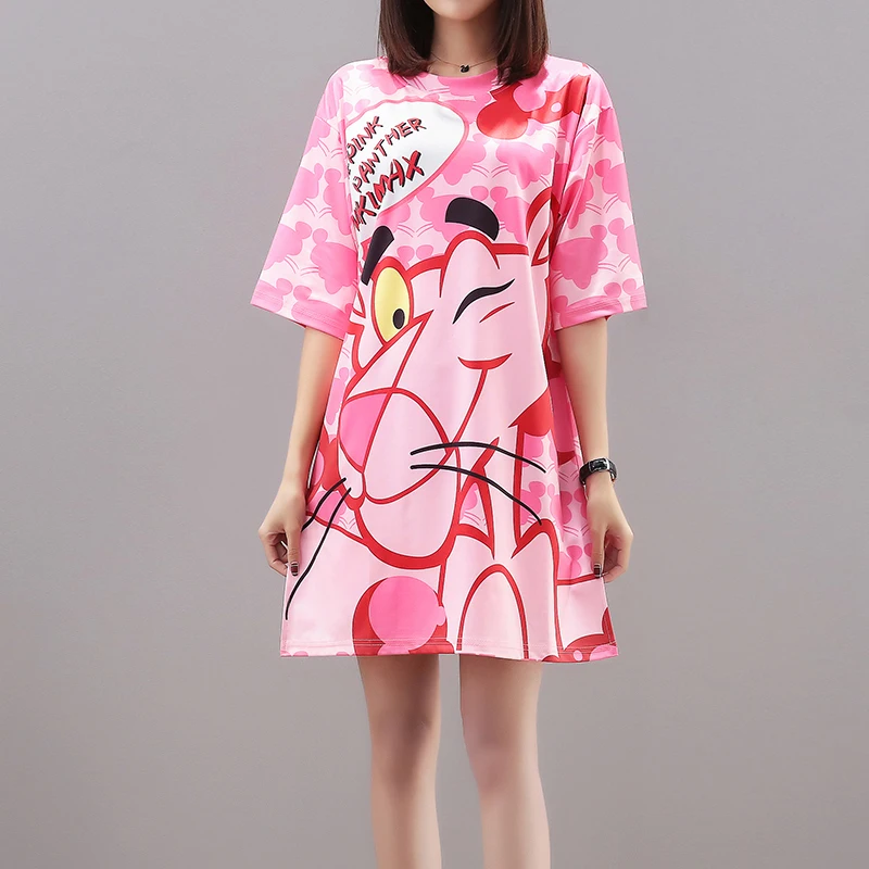 

Pink PantherT Shirt Dress Summer Cartoon Tee Shirt Women Casual Dresses Plus Size Cotton Short Sleeve Dress Femme