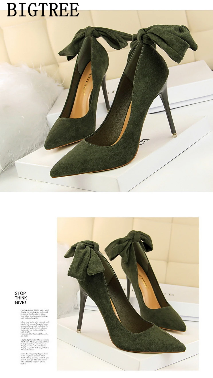 dress shoes women stiletto moccasin bigtree shoes Butterfly knot new arrival 2019 green shoes for women luxury high heels buty