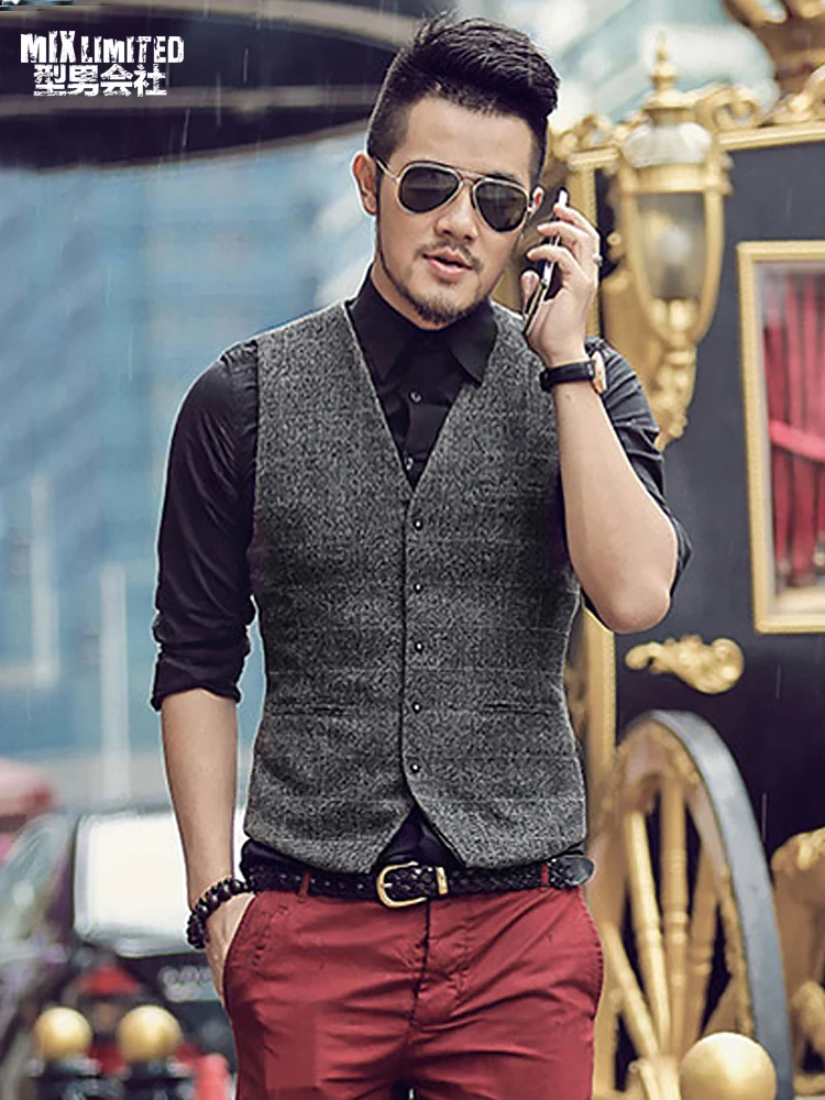 Men Suit Vests Autumn New Arrival mens slim fit Plaid woolen dress suit
