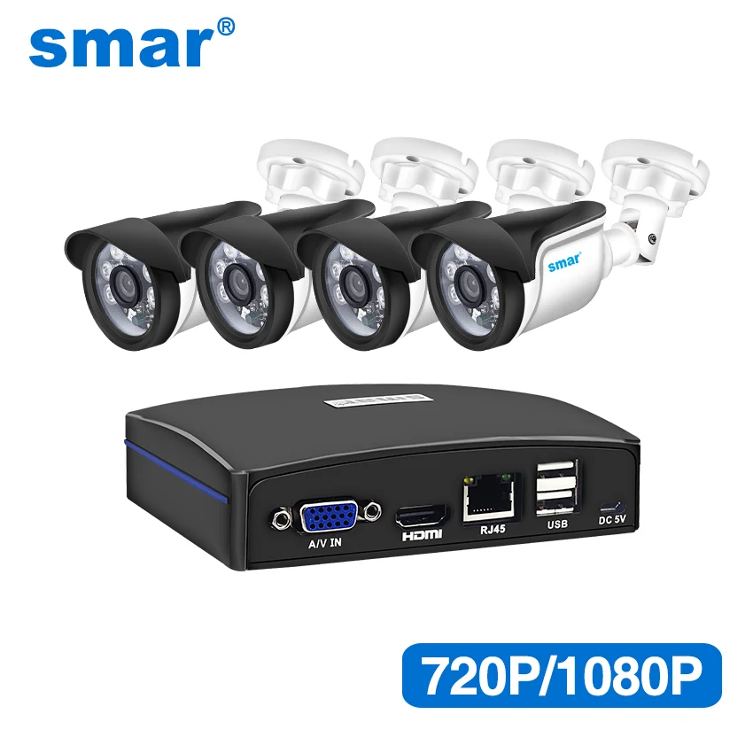 Smar Mini 4CH CCTV NVR System 720P/1080P Outdoor IP Camera Kit Home Security System HDMI Output P2P Support Esata+USB+TF Storage