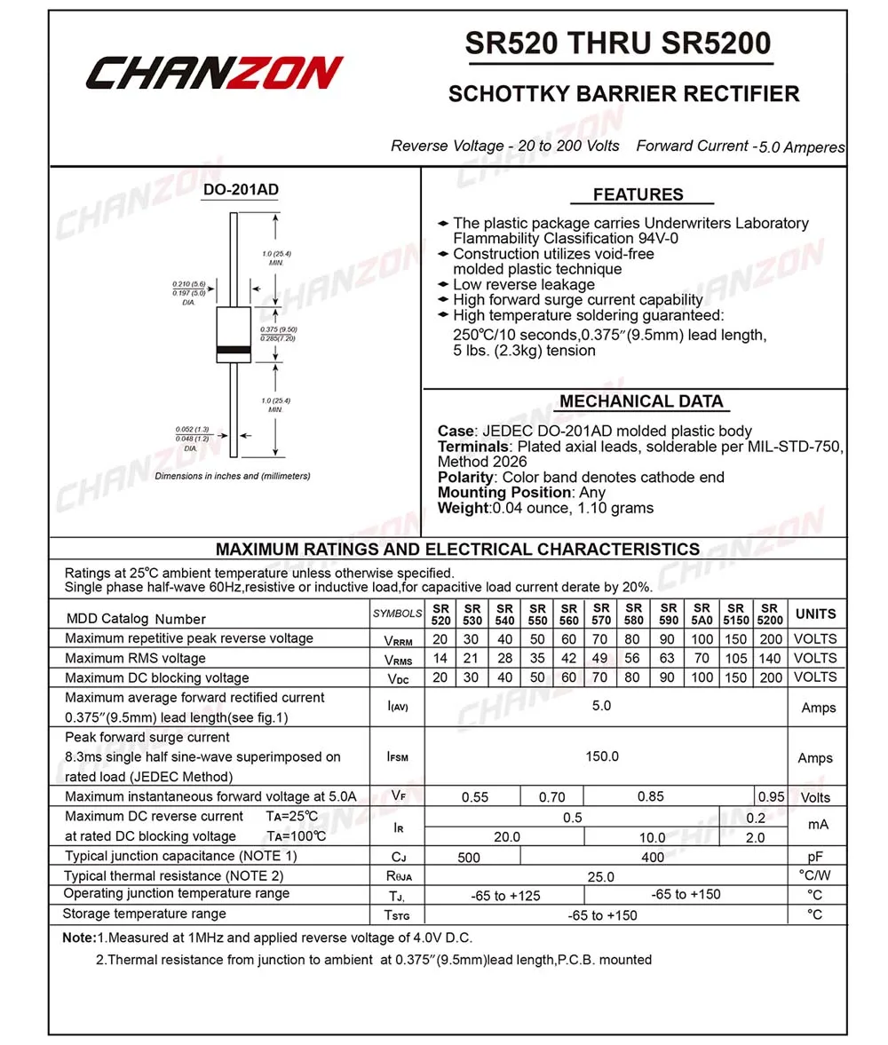 20 шт. SR5200(SB5200) Шоттки барьер выпрямитель диоды 5A 200 в DO-201AD(DO-27) осевой 5 Ампер 200 Вольт SR 5200