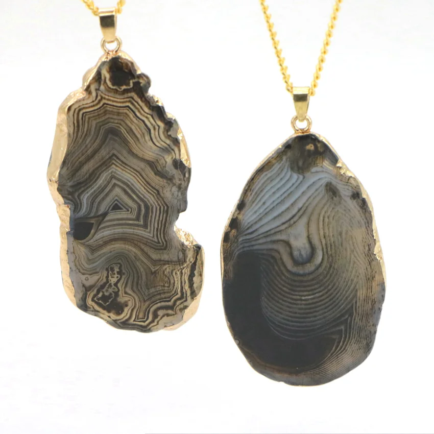 Natural Black Agate Pendant gold plated necklace (10)