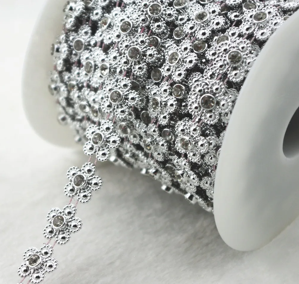 10y/roll 15mm silver flower Pearl Rhinestone Chain Trims Sewing Costume