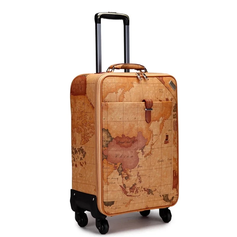 Rolling Luggage Trolley Retro map 16/18/20/22/24 size 100% PU Suitcase with padlock