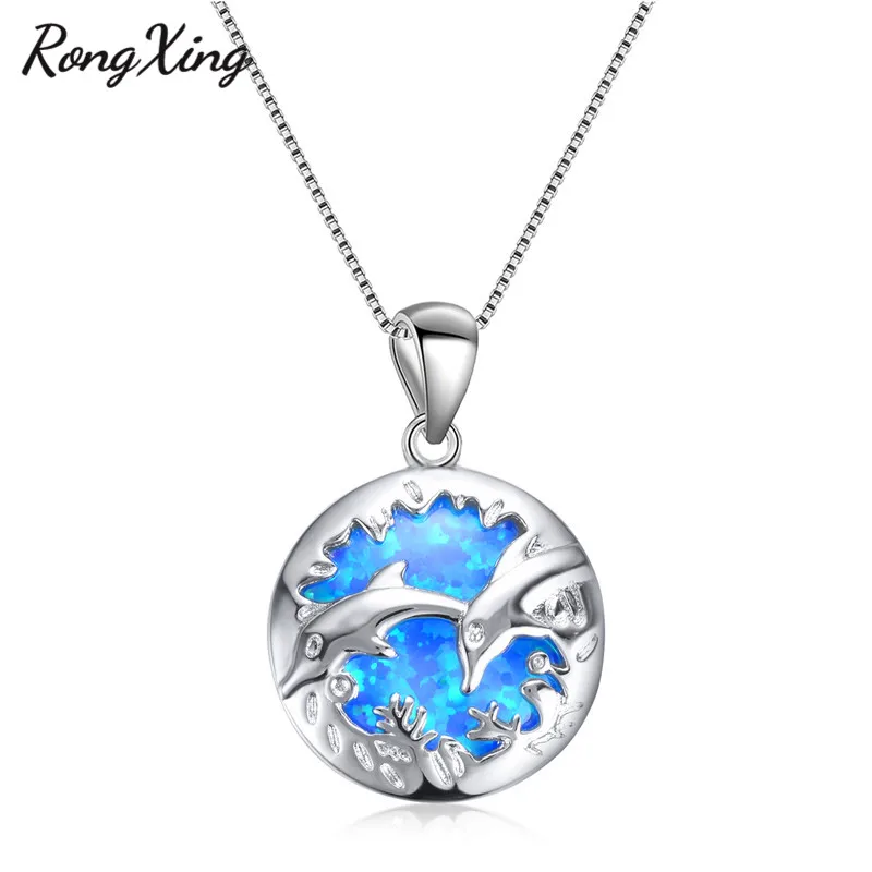 

RongXing Romantic Double Dolphin Pendants Blue/White Fire Opal Necklace 925 Sterling Silver Filled Clavicle Chain Valentine Gift