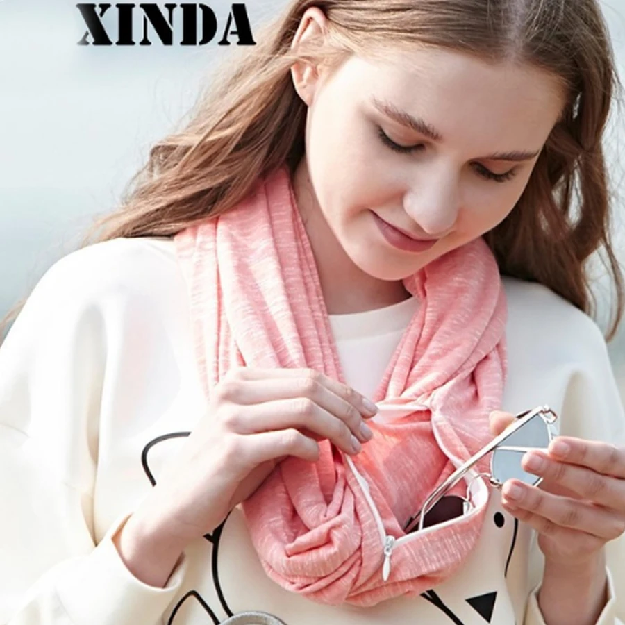 Autumn Winter Warm Infinity Scarf All-match Fashion Women Ring Scarves Solid Soft Pocket Loop Scarf For Female Outdoor Sport