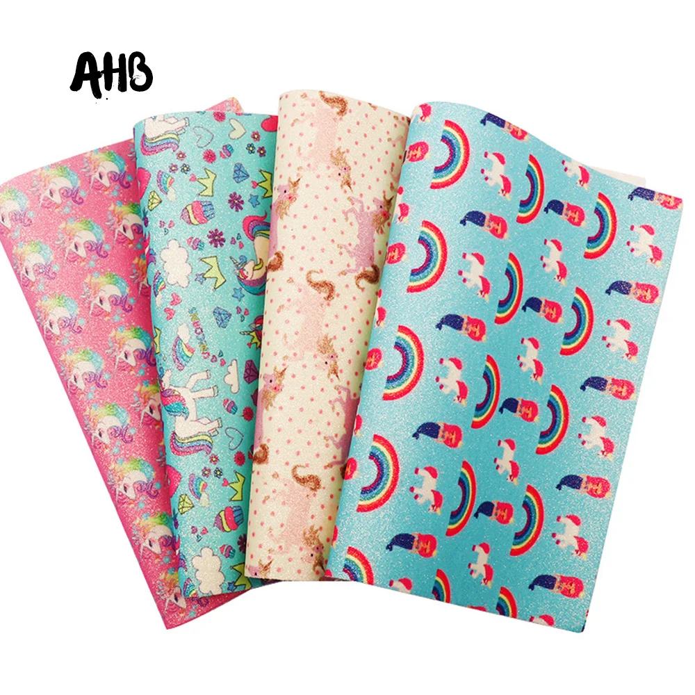 

AHB Synthetic Leather Glitter Printed Unicorn Shiny Fabric Faux Leather Sheets DIY Hair Bows Fabric Handmade Crafts Materials