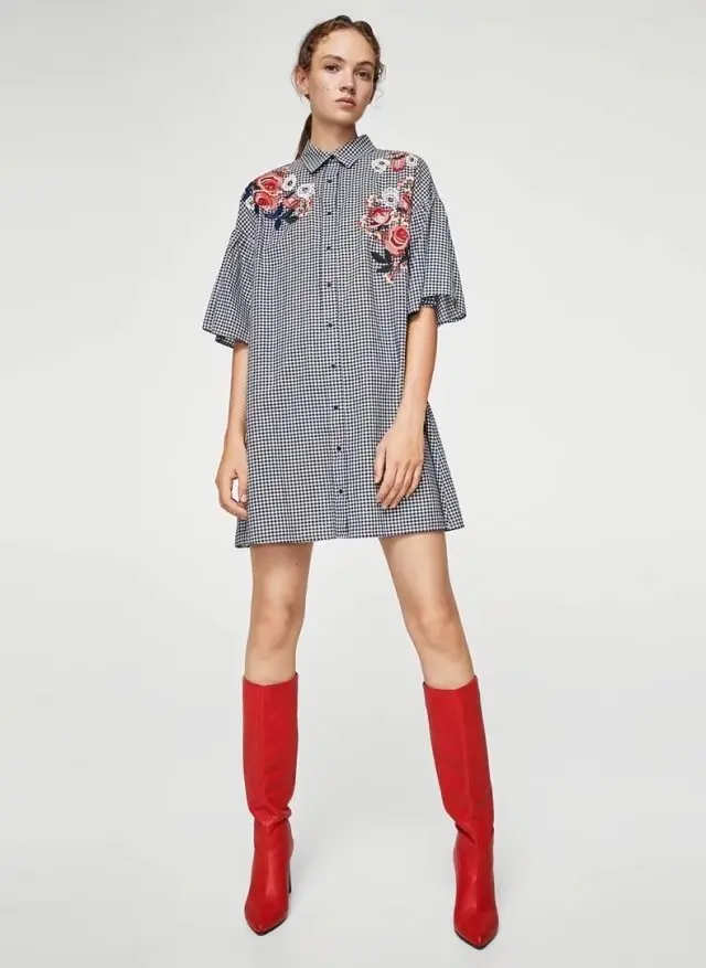 Plaid Printed Embroidery Dress Ladies Turn down Collar Half sleeved