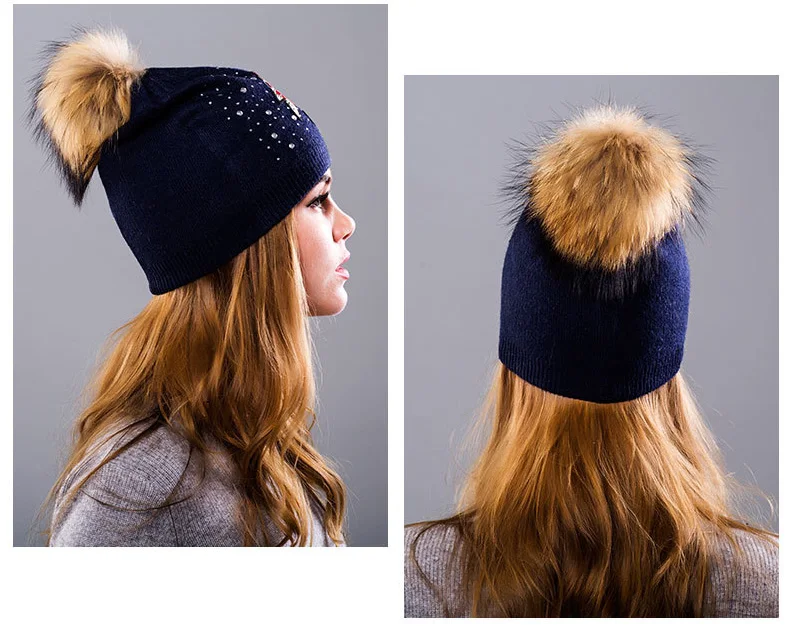 Winter Hat Women Knit Beanie Warm Cap Wool Flower Real Raccoon Pom Pom Autumn Casual Outdoor Ski Skullies Snow Accessory (38)