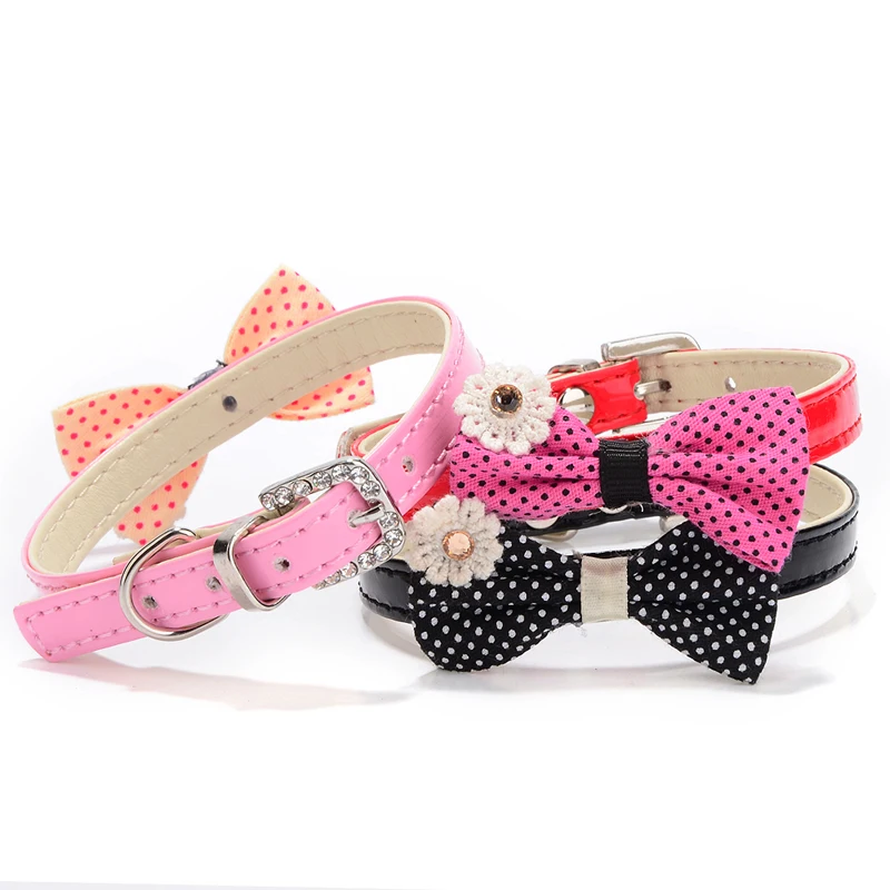 Pu Leather Pet Dog Collar Necklace Adjustable Pretty Bowknot Pet Collars For Small Dogs Cats