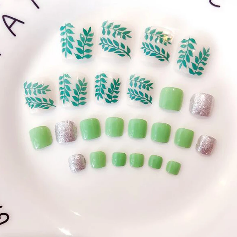 

Christmas Gift 24 Pcs/set Summer Toes Fake Nails Full Nail Tips Girl Toe Art Fashion Green Short False Artificial Toe Nails Tips
