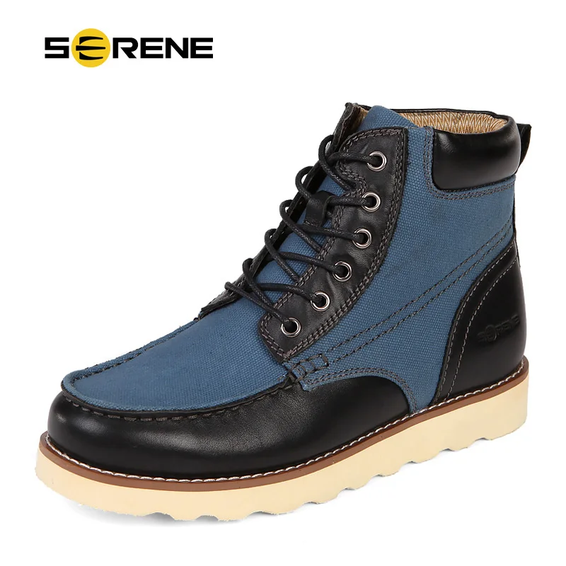 

SERENE Brand Mens Autumn Winter Boots Casual Canvas Leather Stitch Work Boots High-Top Tooling Boots Lace Up Ankle Boots Shoes