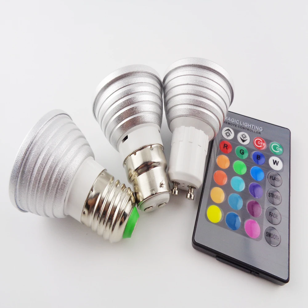 

LED RGB Spotlight 16 Colour E27/GU10/E14 AC: 86-265v MR16 DC:12v RGB Colourful Lamp LED 3W Lighting +24 Key IR Remote Control