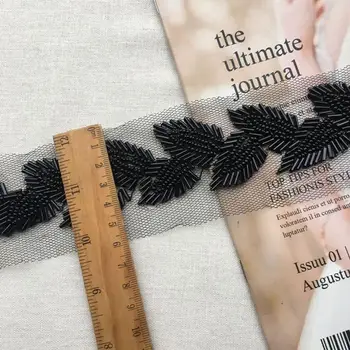 

1.8 yards black heavy bead trim with leaves, bugle bead trim belt for couture