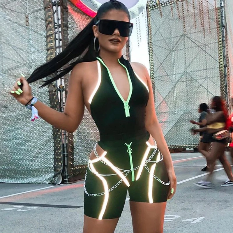 Tanie Simenual Casual sportowe damskie zestawy dwuczęściowe odblaskowe paski Zipper stroje body i wyciąć zestaw szortów Streetwear Fashion