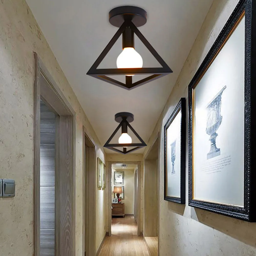 

Vintage Ceiling Lights Iron Black Ceiling Lamp Retro Cage Light Indoor Lighting Fixture Balcony Cage Pyramid Corridor Entrance