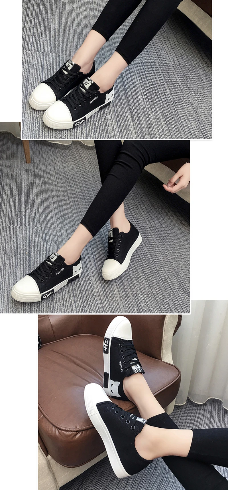 Women Flat Cartoon Canvas Shoes Lace Up Student Board Shoes (5)