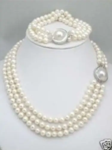 

Charming White Real Natural Pearl & Pearl Clasp Necklace & Bracelet 7-8mm^^^@^Noble style Natural Fine jewe SHIPPING new -Bride