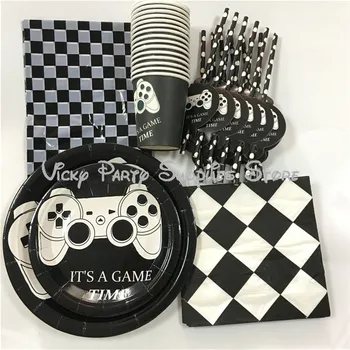 

85pcs/lot Racing Game Black White Lattice Theme Disposable Tableware Boy Game Birthday Baby Shower Party Decoration Supplies