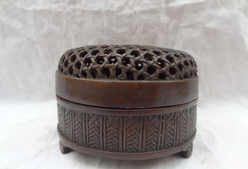 

S4855 Tibet Tibetan Bronze Buddhism Net Style Statue China Round Incense Burner Censer D0317