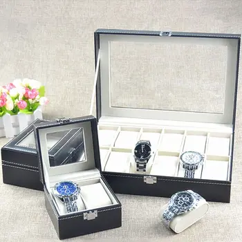 

Black Leather Watch Display Box Show Case Jewelry Storage 6/10/12 Grids