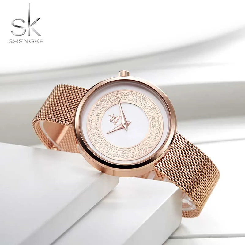 Ceny Luksusowe kobiety zegarki siatka ze stali nierdzewnej pasek kwarcowy zegarek Shengke marka kobiety Montre Femme SK panie zegar Relogio Feminino